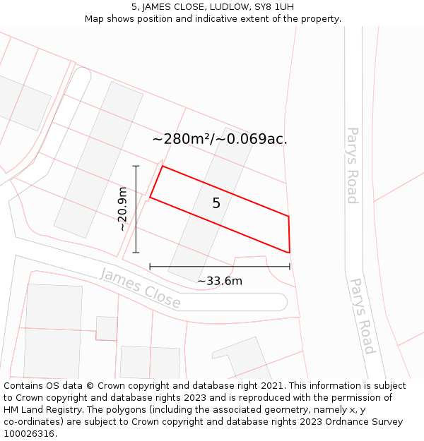 5, JAMES CLOSE, LUDLOW, SY8 1UH: Plot and title map