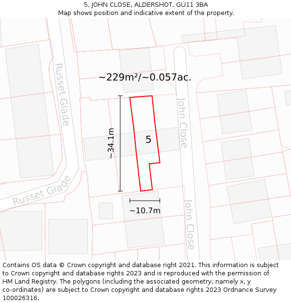 5, JOHN CLOSE, ALDERSHOT, GU11 3BA: Plot and title map