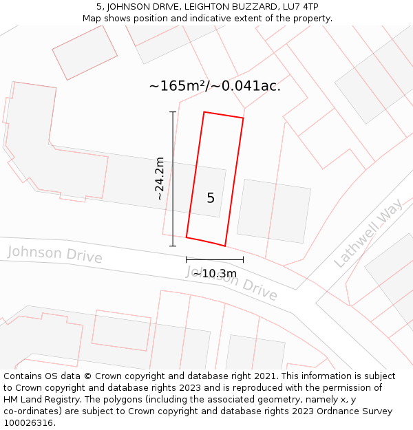 5, JOHNSON DRIVE, LEIGHTON BUZZARD, LU7 4TP: Plot and title map