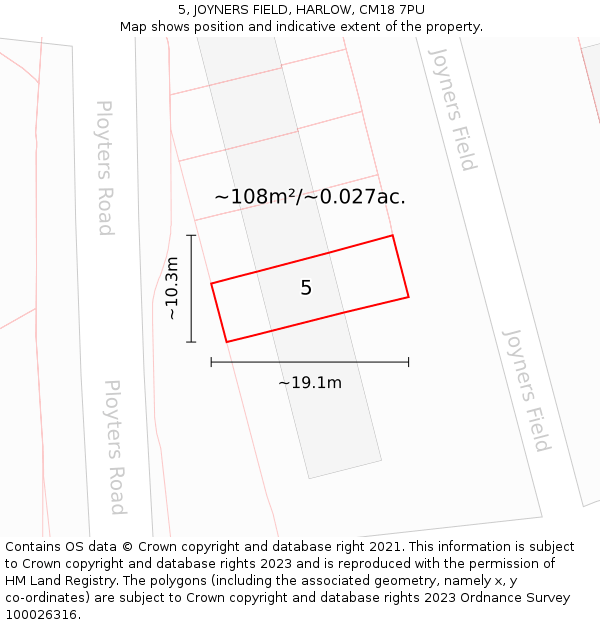 5, JOYNERS FIELD, HARLOW, CM18 7PU: Plot and title map
