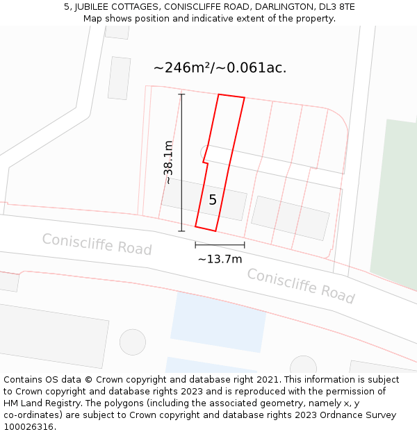 5, JUBILEE COTTAGES, CONISCLIFFE ROAD, DARLINGTON, DL3 8TE: Plot and title map