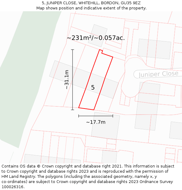 5, JUNIPER CLOSE, WHITEHILL, BORDON, GU35 9EZ: Plot and title map
