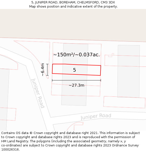 5, JUNIPER ROAD, BOREHAM, CHELMSFORD, CM3 3DX: Plot and title map