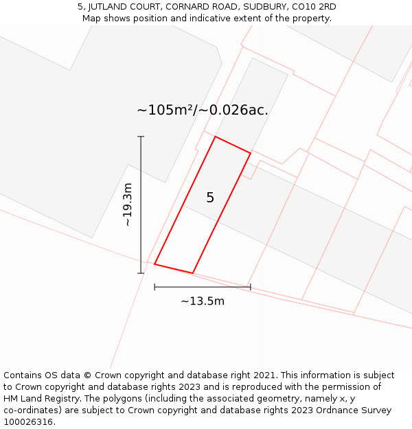 5, JUTLAND COURT, CORNARD ROAD, SUDBURY, CO10 2RD: Plot and title map
