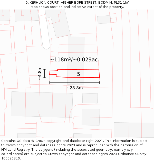 5, KERHUON COURT, HIGHER BORE STREET, BODMIN, PL31 1JW: Plot and title map