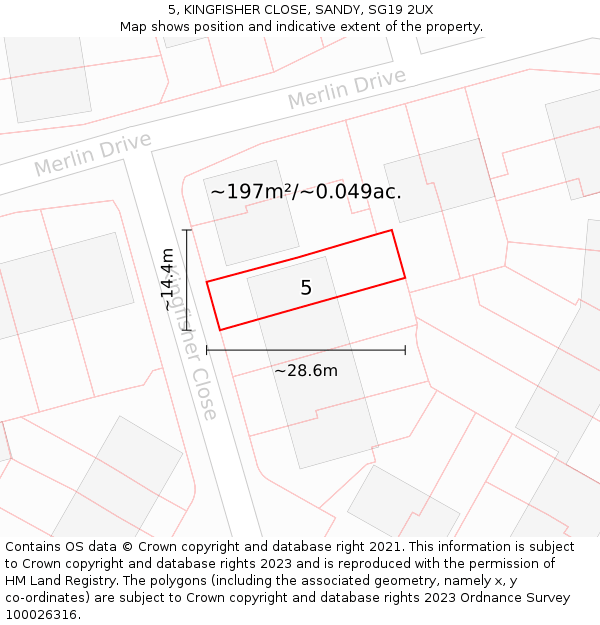 5, KINGFISHER CLOSE, SANDY, SG19 2UX: Plot and title map