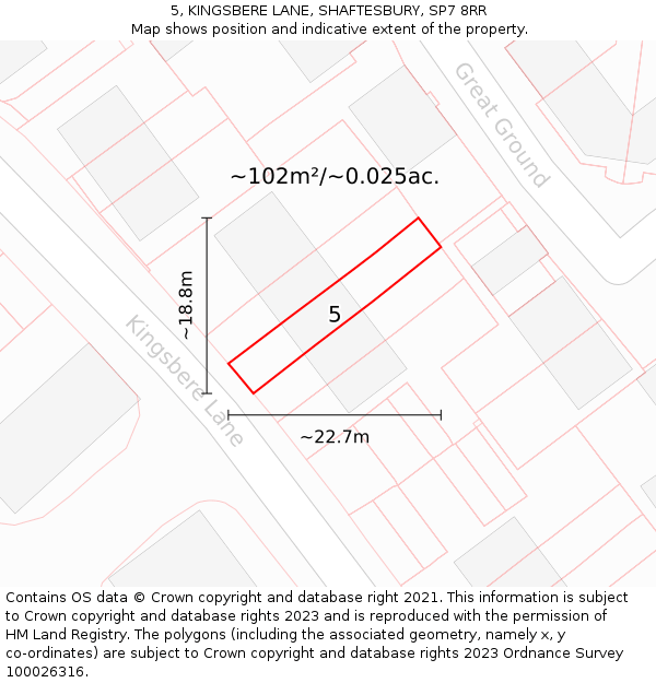 5, KINGSBERE LANE, SHAFTESBURY, SP7 8RR: Plot and title map