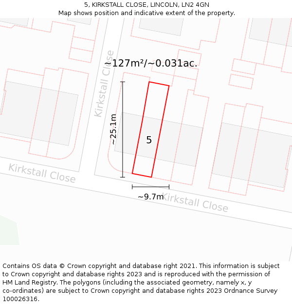 5, KIRKSTALL CLOSE, LINCOLN, LN2 4GN: Plot and title map