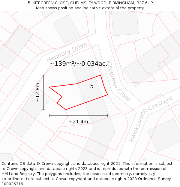 5, KITEGREEN CLOSE, CHELMSLEY WOOD, BIRMINGHAM, B37 6UP: Plot and title map