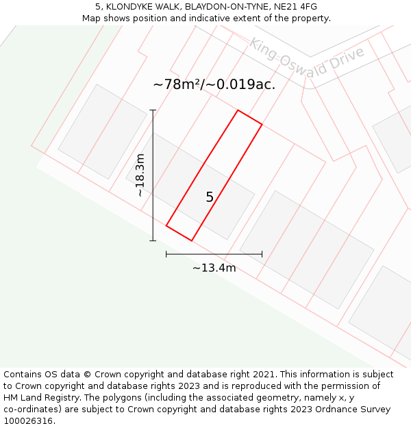 5, KLONDYKE WALK, BLAYDON-ON-TYNE, NE21 4FG: Plot and title map