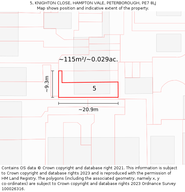 5, KNIGHTON CLOSE, HAMPTON VALE, PETERBOROUGH, PE7 8LJ: Plot and title map