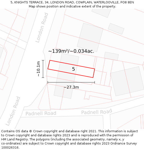 5, KNIGHTS TERRACE, 34, LONDON ROAD, COWPLAIN, WATERLOOVILLE, PO8 8EN: Plot and title map