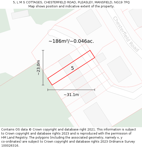 5, L M S COTTAGES, CHESTERFIELD ROAD, PLEASLEY, MANSFIELD, NG19 7PQ: Plot and title map