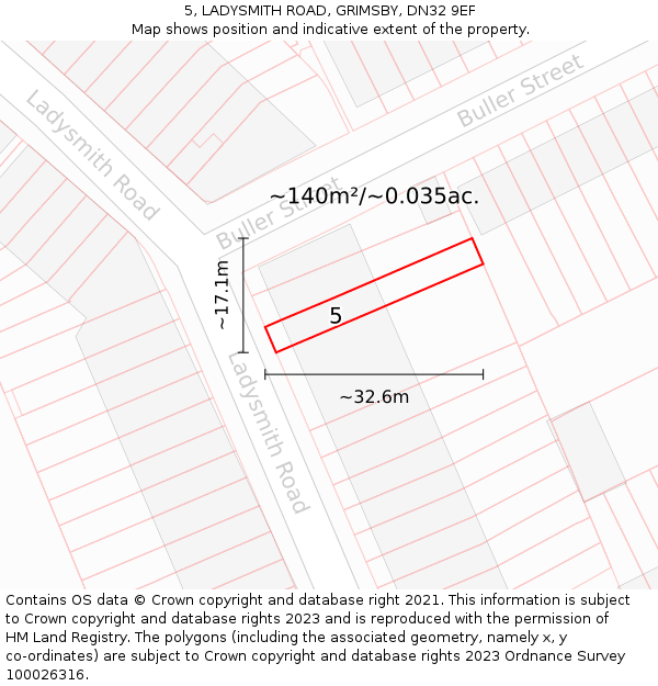 5, LADYSMITH ROAD, GRIMSBY, DN32 9EF: Plot and title map