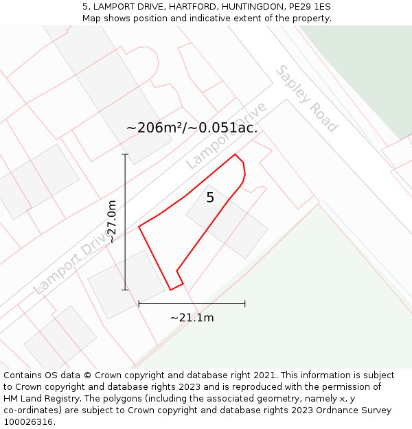 5, LAMPORT DRIVE, HARTFORD, HUNTINGDON, PE29 1ES: Plot and title map