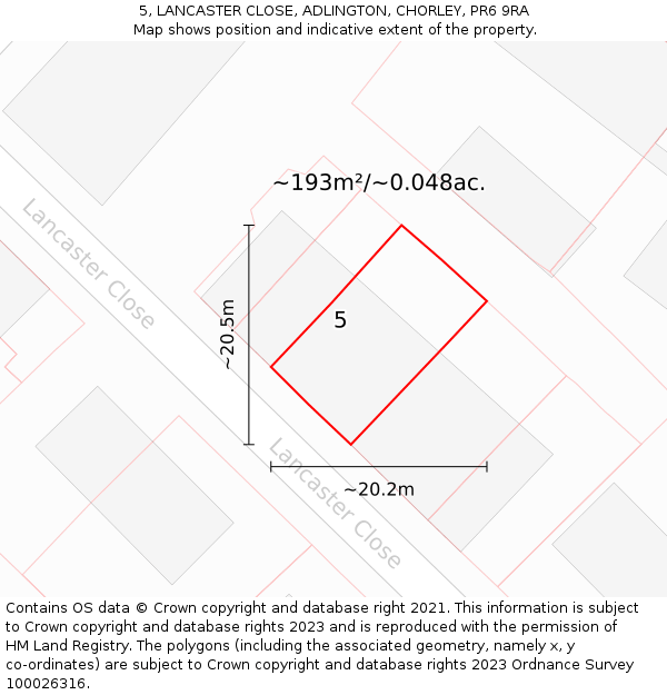 5, LANCASTER CLOSE, ADLINGTON, CHORLEY, PR6 9RA: Plot and title map