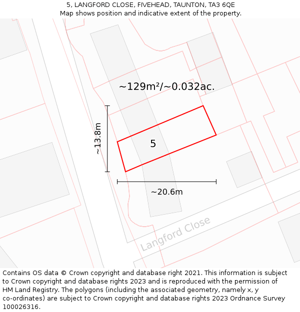 5, LANGFORD CLOSE, FIVEHEAD, TAUNTON, TA3 6QE: Plot and title map