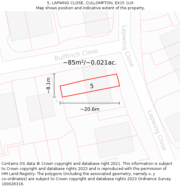 5, LAPWING CLOSE, CULLOMPTON, EX15 1UX: Plot and title map