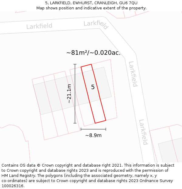 5, LARKFIELD, EWHURST, CRANLEIGH, GU6 7QU: Plot and title map
