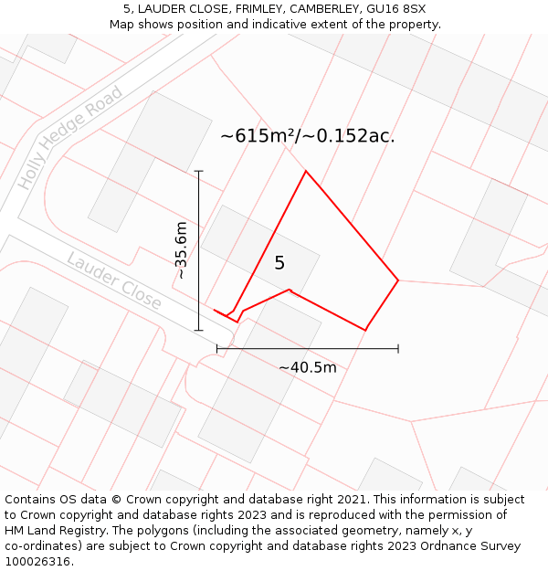 5, LAUDER CLOSE, FRIMLEY, CAMBERLEY, GU16 8SX: Plot and title map