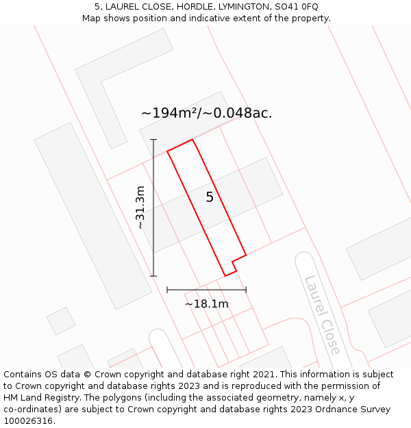 5, LAUREL CLOSE, HORDLE, LYMINGTON, SO41 0FQ: Plot and title map