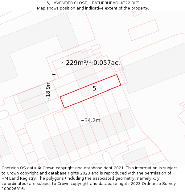 5, LAVENDER CLOSE, LEATHERHEAD, KT22 8LZ: Plot and title map