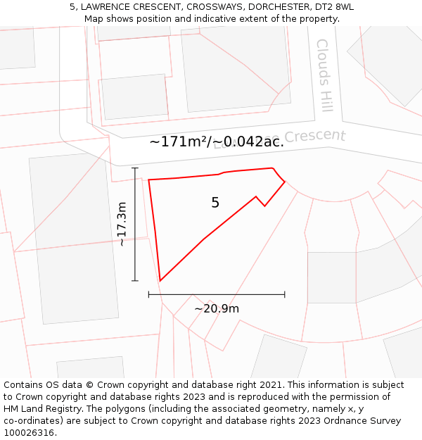 5, LAWRENCE CRESCENT, CROSSWAYS, DORCHESTER, DT2 8WL: Plot and title map