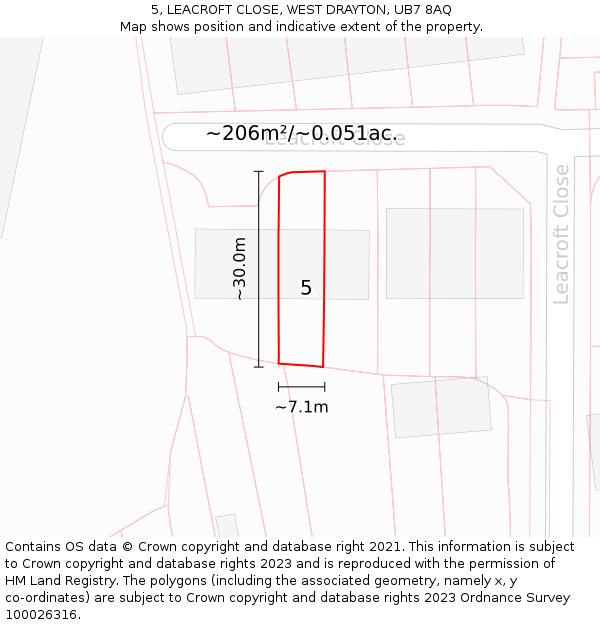 5, LEACROFT CLOSE, WEST DRAYTON, UB7 8AQ: Plot and title map
