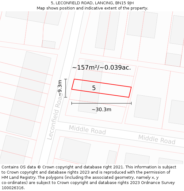 5, LECONFIELD ROAD, LANCING, BN15 9JH: Plot and title map