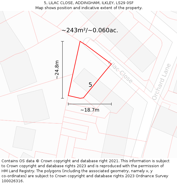 5, LILAC CLOSE, ADDINGHAM, ILKLEY, LS29 0SF: Plot and title map
