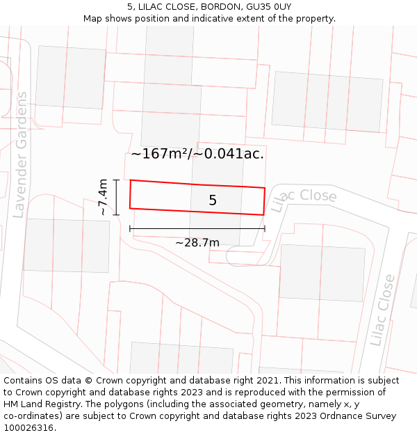 5, LILAC CLOSE, BORDON, GU35 0UY: Plot and title map