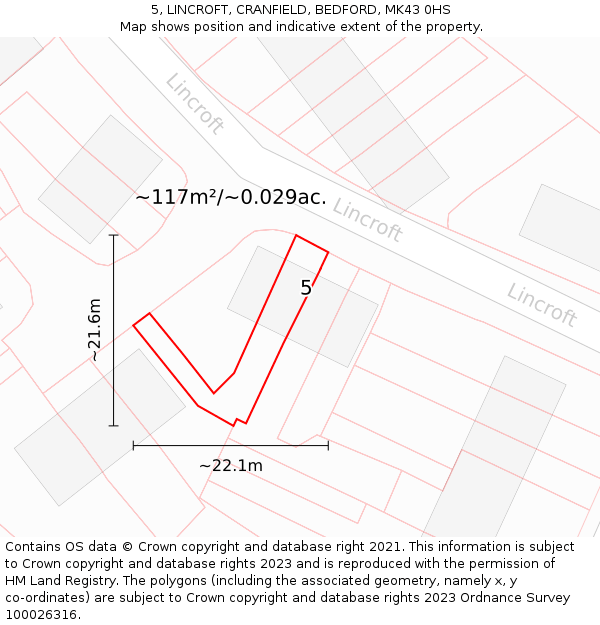 5, LINCROFT, CRANFIELD, BEDFORD, MK43 0HS: Plot and title map