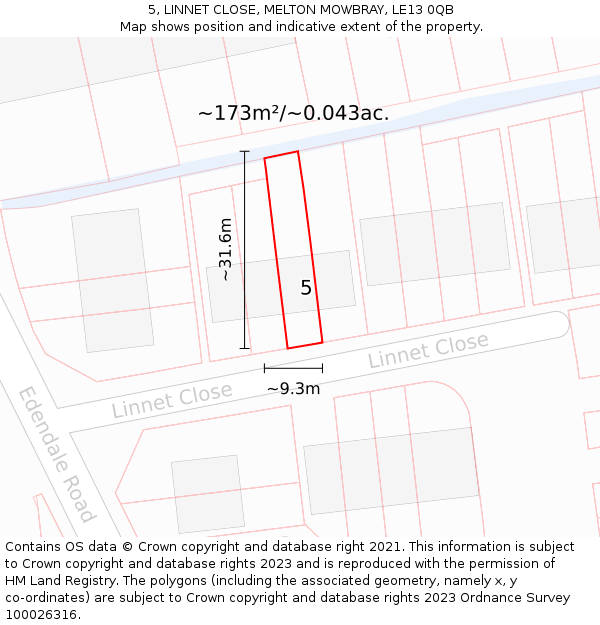 5, LINNET CLOSE, MELTON MOWBRAY, LE13 0QB: Plot and title map