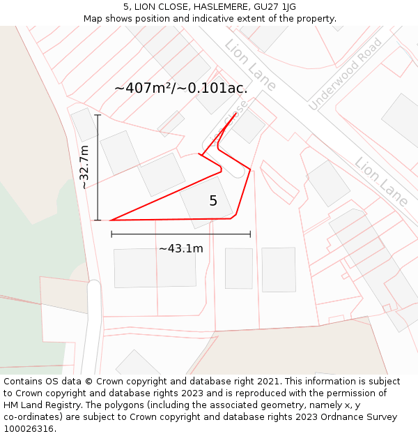 5, LION CLOSE, HASLEMERE, GU27 1JG: Plot and title map