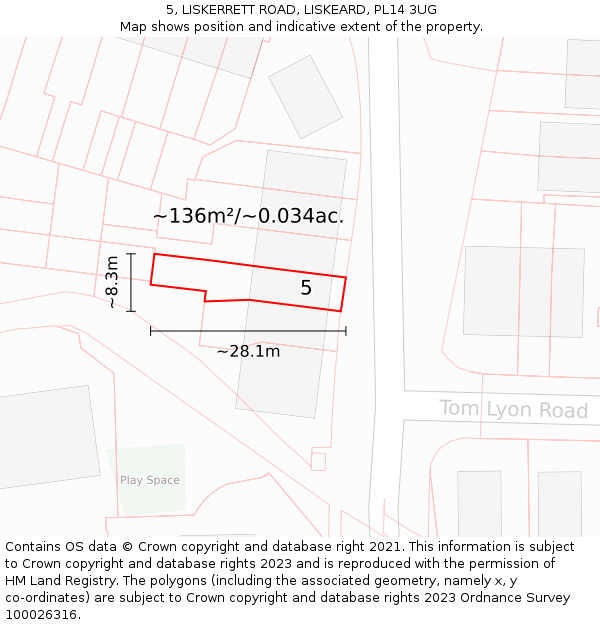 5, LISKERRETT ROAD, LISKEARD, PL14 3UG: Plot and title map