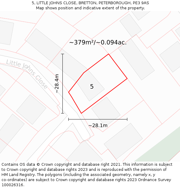 5, LITTLE JOHNS CLOSE, BRETTON, PETERBOROUGH, PE3 9AS: Plot and title map