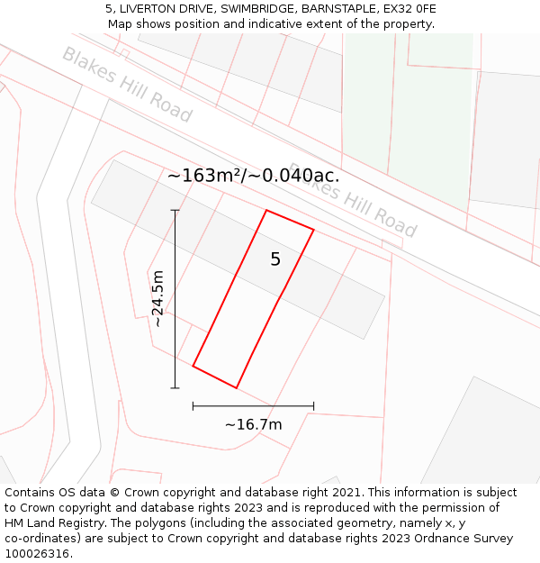 5, LIVERTON DRIVE, SWIMBRIDGE, BARNSTAPLE, EX32 0FE: Plot and title map