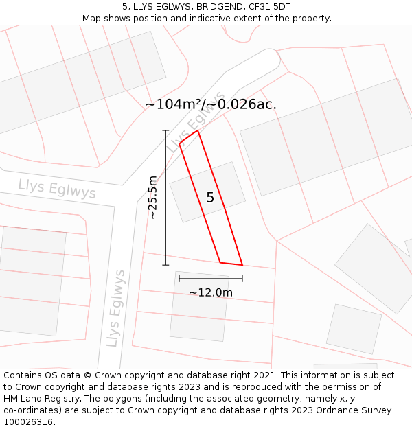 5, LLYS EGLWYS, BRIDGEND, CF31 5DT: Plot and title map