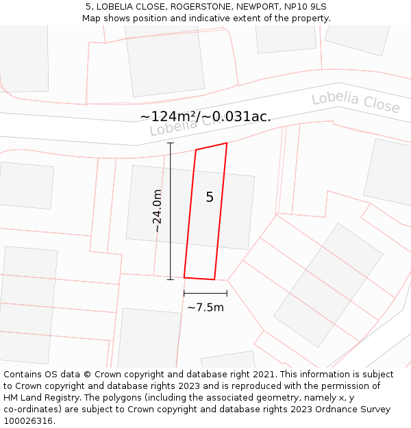 5, LOBELIA CLOSE, ROGERSTONE, NEWPORT, NP10 9LS: Plot and title map