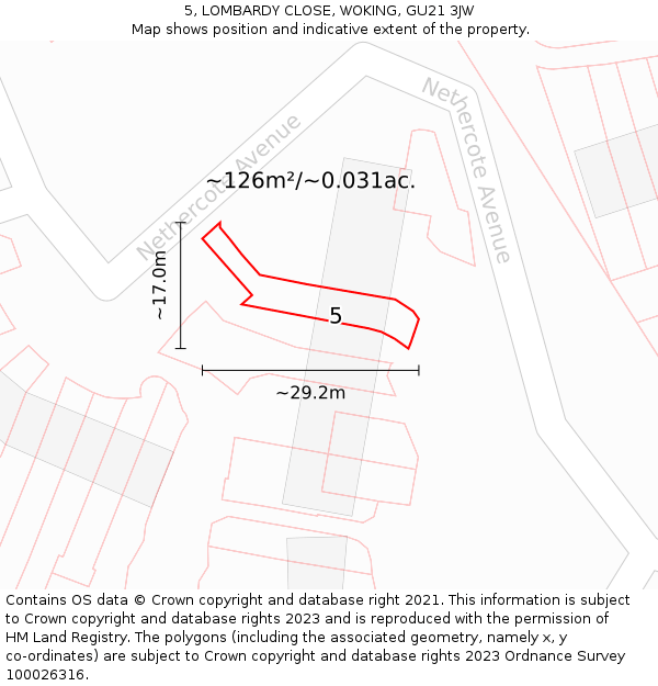5, LOMBARDY CLOSE, WOKING, GU21 3JW: Plot and title map