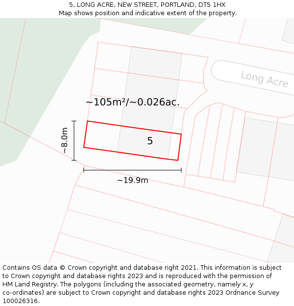 5, LONG ACRE, NEW STREET, PORTLAND, DT5 1HX: Plot and title map