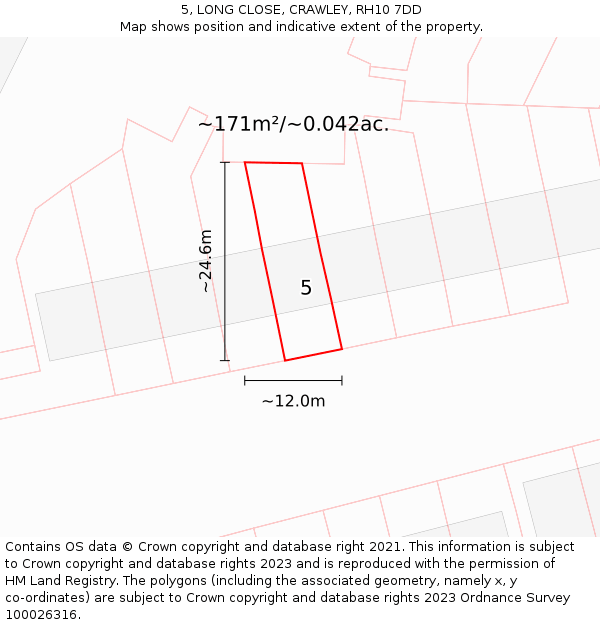 5, LONG CLOSE, CRAWLEY, RH10 7DD: Plot and title map