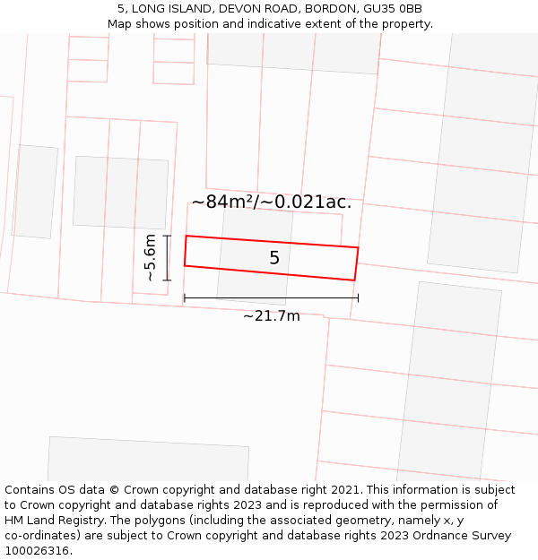 5, LONG ISLAND, DEVON ROAD, BORDON, GU35 0BB: Plot and title map
