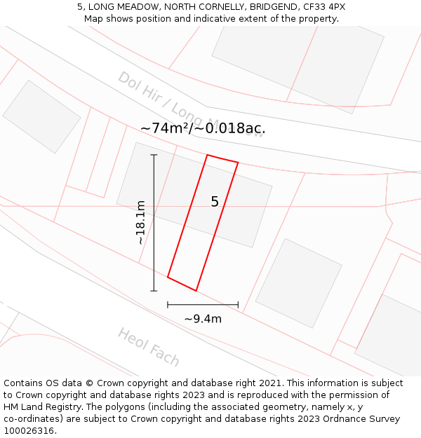 5, LONG MEADOW, NORTH CORNELLY, BRIDGEND, CF33 4PX: Plot and title map