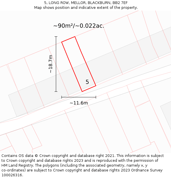 5, LONG ROW, MELLOR, BLACKBURN, BB2 7EF: Plot and title map