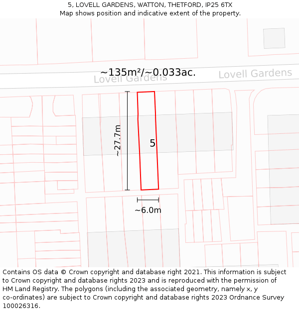 5, LOVELL GARDENS, WATTON, THETFORD, IP25 6TX: Plot and title map