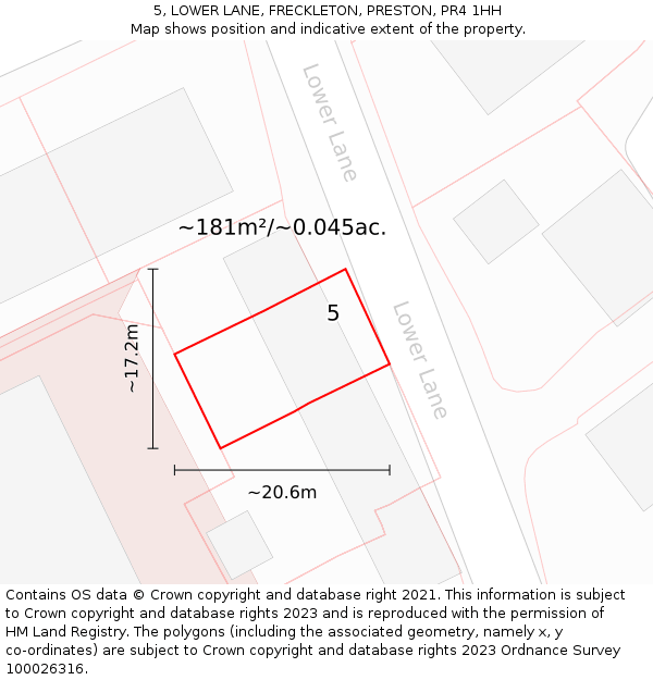 5, LOWER LANE, FRECKLETON, PRESTON, PR4 1HH: Plot and title map