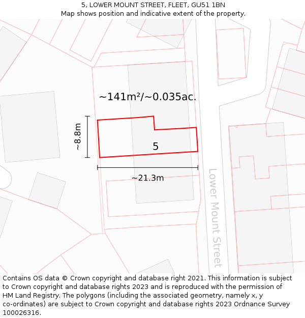 5, LOWER MOUNT STREET, FLEET, GU51 1BN: Plot and title map