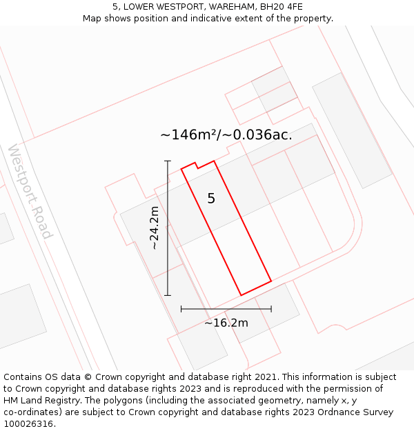 5, LOWER WESTPORT, WAREHAM, BH20 4FE: Plot and title map