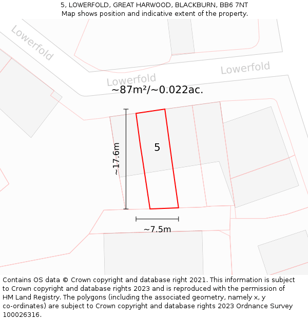 5, LOWERFOLD, GREAT HARWOOD, BLACKBURN, BB6 7NT: Plot and title map